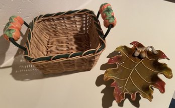 2pc Fall Decor - Basket & Leaf Dish