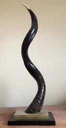 Vintage African Kudu Horn Sculpture W/ Chrome & Black Lacquered Wood Base
