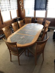 Beautiful Solid Oak Tile Top Table W/ 10 Chairs