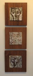 3pc Mid-century Abstract Faces On Tile W/ Wood Backs