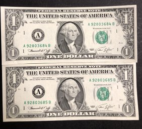 2pc 1974 $1 Dollar Notes Consecutive Serial Numbers