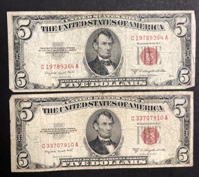 2pc - 1953 B Five Dollar Note Red Seals
