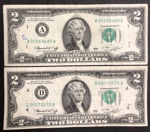 2pc - 1976 Two Dollar Notes - Low Serial #