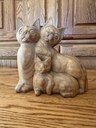 3 Cat Wooden Carved Statue