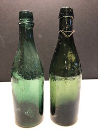 Lot 4 - 2pc Antique Green Glass Bottles