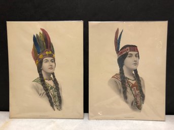 2pc Antique Hand Painted Indian Maiden Prints