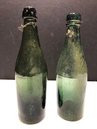 2pc Antique Green Glass Bottles