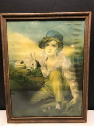 Antique Print - Girl With Bunny