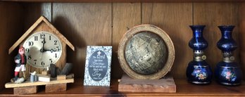 Shelf Contents - Clock - Globe - Oil Lamps