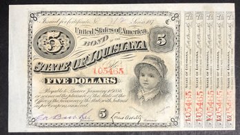 1870's Louisiana Five Dollar Baby Bond