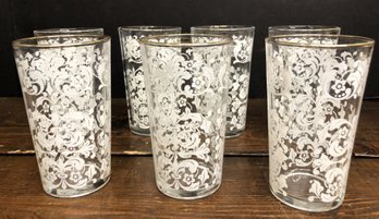 7pc Mid Century White Scroll Drinking Glasses