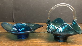 2pc Blue Art Glass