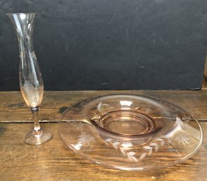 2pc Etched Pink Depression Glass