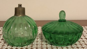 Green Glass Covered Dish & Atomizer