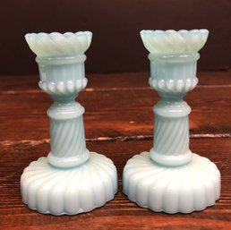 Pair PV France Small Blue Milk Glass Candlesticks