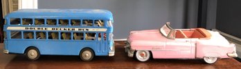 2 Vintage Tin Toys - Bus & Pink Cadillac
