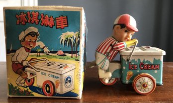 Vintage Tin Clockwork Ice Cream Vendor Toy - Original Box