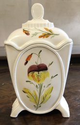 Oval Panel Hand Painted Milk Glass Covered Jar