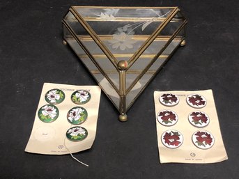 Vintage Triangular Etched Glass Box W/ Cloisonne Buttons