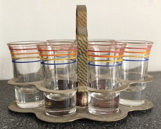 Mid-century Multi-colored Ring Shot Glasses And Caddy