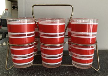 Mid- Century Red Stripe Anchor Hocking Glasses & Carrier