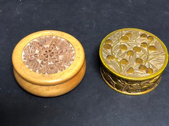 Two Round Wood Carved Trinket Boxes