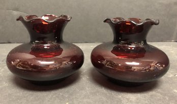 Pair Cranberry Ruffled Glass Vases