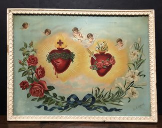 Antique Tin Litho. Sacred Heart & Cherubs Picture - Sr. M. Raphael