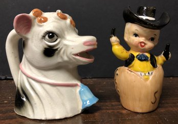 Mid- Century Cow Creamer & Cowboy Saltshaker