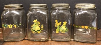 4 Vintage Storage Jars W/ Decal Decoration