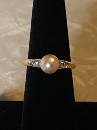 14k Pearl Ring W/ Small Diamonds