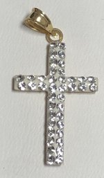 14k Gold - White Enamel & Clear Stone Cross Pendant