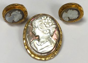 Mother Of Pearl Cameo Pin/ Pendant & Earrings - 12k Gold Filled