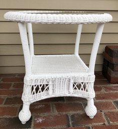 #7 - Faux Wicker Glass Top Table W/ Cover