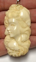 Large Carved Bone? Woman Pendant W/ Sterling Rope Chain