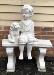 Cement Boy W/ Dog On Bench Garden Statue