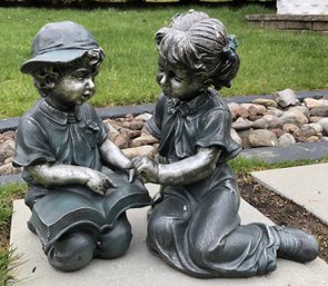 Bronze Finish Resin Boy & Girl Reading Garden Statues