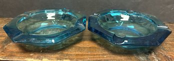 Pair Of Heavy Blue Glass Ashtrays