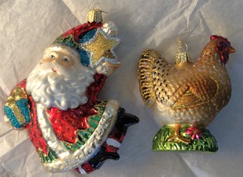 #16 - Old World Christmas Ornaments - 2pc Santa & Chicken