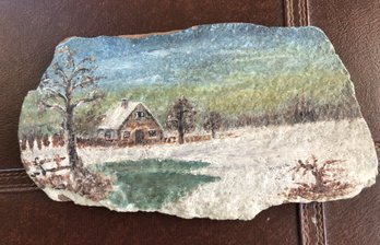 Painted Country Snow Scene On Rock