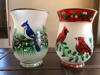 2 Glass Hand Painted Bird Candle Holders