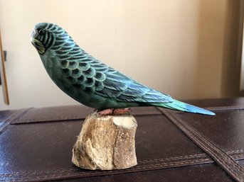 Carved Wood And Hand Painted Bird - Green Parakeet