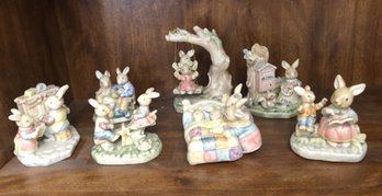 7pc Pottery Bunny Figures