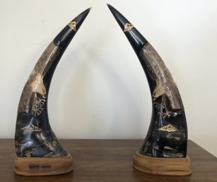 Pair Carved Eagles On Buffalo Horns