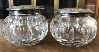 Art Deco Cut Glass Dresser Jars W/ Sterling Silver Tops