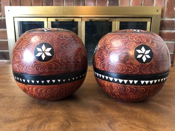 Vintage Morrocco Wood Lidded Spheres - Mother Of Pearl Inlay