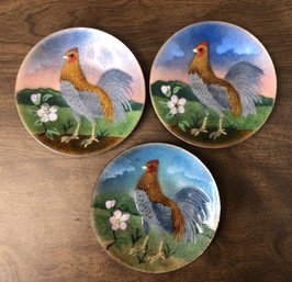 3 Small Enamel On Copper Rooster Plates - Bovano?