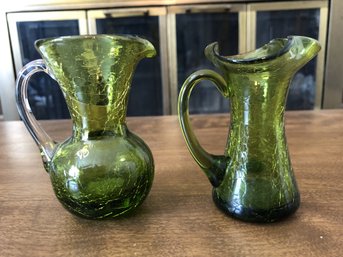 2 Small Vintage Green Crackle Glass Pitchers