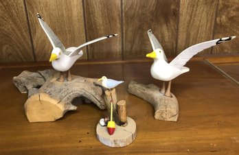 Hand Carved & Painted Wood Seagull Lot