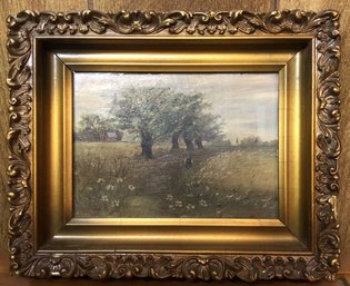 Small Antique Oil Painting - Farm House & Field